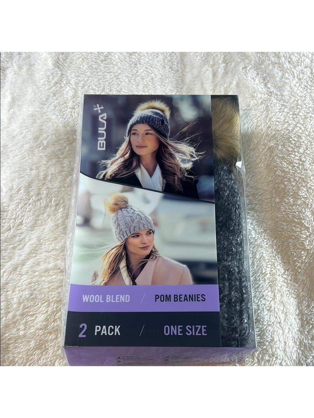 Bula Wool Blend Pom Pom Beanies 2 Pack Gray Winter Knit Hats Unisex NWT